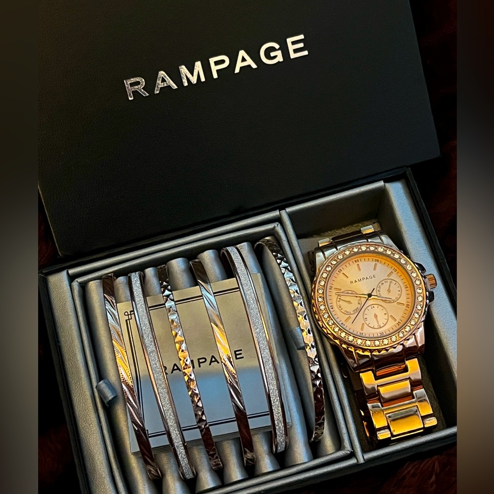 Rampage Rose Gold Watch and Bangle Stack Bracelet Gift Set Stainless Steel NIB!